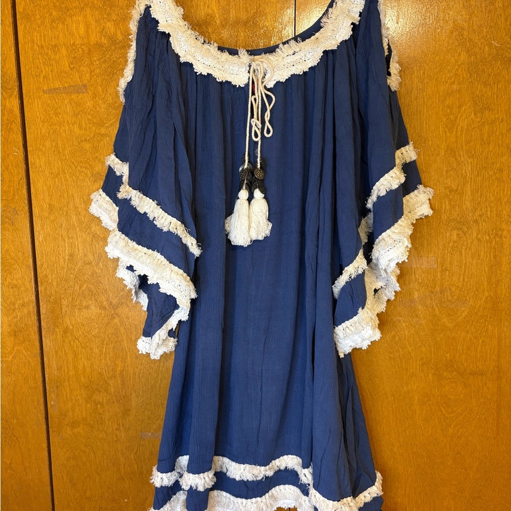 RAGA Blue and White Mini Dress with Fringe‎ Cottagecore Fairy Ethereal Angelcore